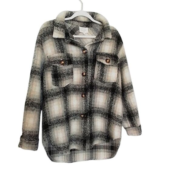 Böhme Plaid Fuzzy Shacket Women’s Button Front Long Sleeve Jacket Size S - Picture 1 of 4